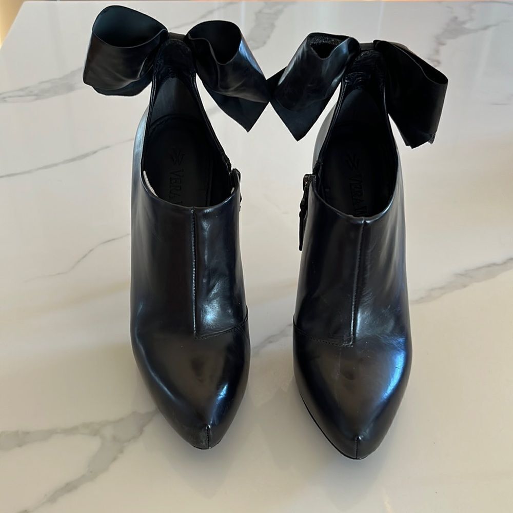 Vera Wang Black Leather Booties with Bow